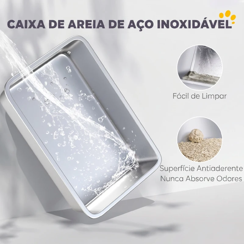 PawHut Caixa de Areia para Gatos XL em Aço Inoxidável com Borda Alta, Pá, Fácil de Limpar, Anti-Derrame, 60x40x29,5 cm, Cinzento
