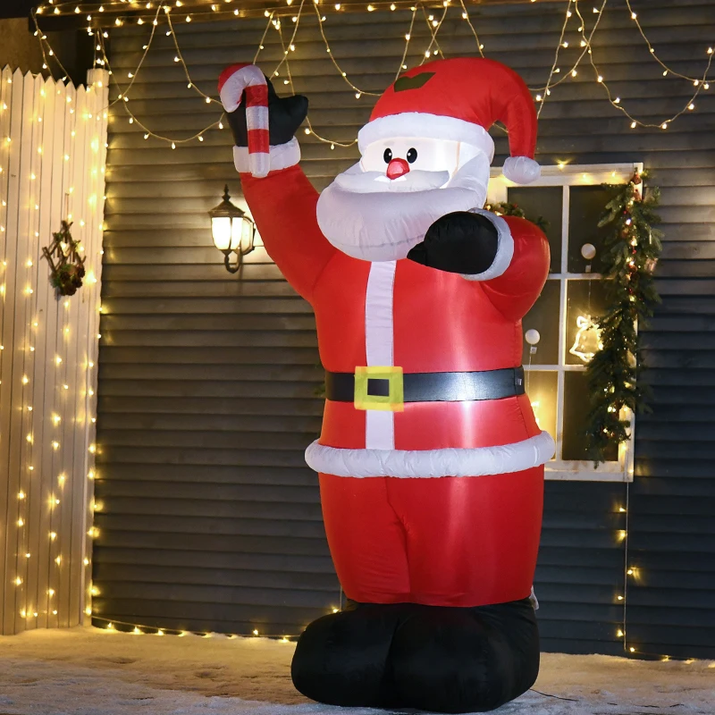 HOMCOM Aufblasbar Weihnachtsdeko, 2,4 m Weihnachtsmann mit LED-Beleuchtung, Zuckerstange