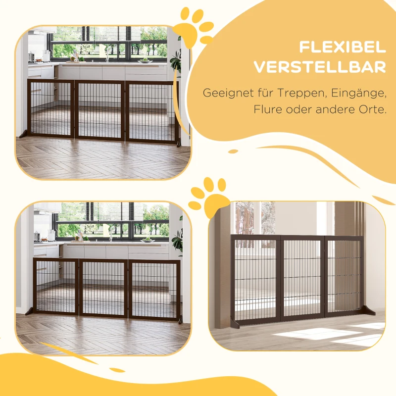 PawHut Absperrgitter Hund Freistehendes Schutzgitter mit Füßen 185 x 71 cm Holz Hundegitter Treppenschutzgitter Treppengitter Hundeabsperrgitter für Treppen, Türen, Küche, Flur, 3 Paneelen, Braun