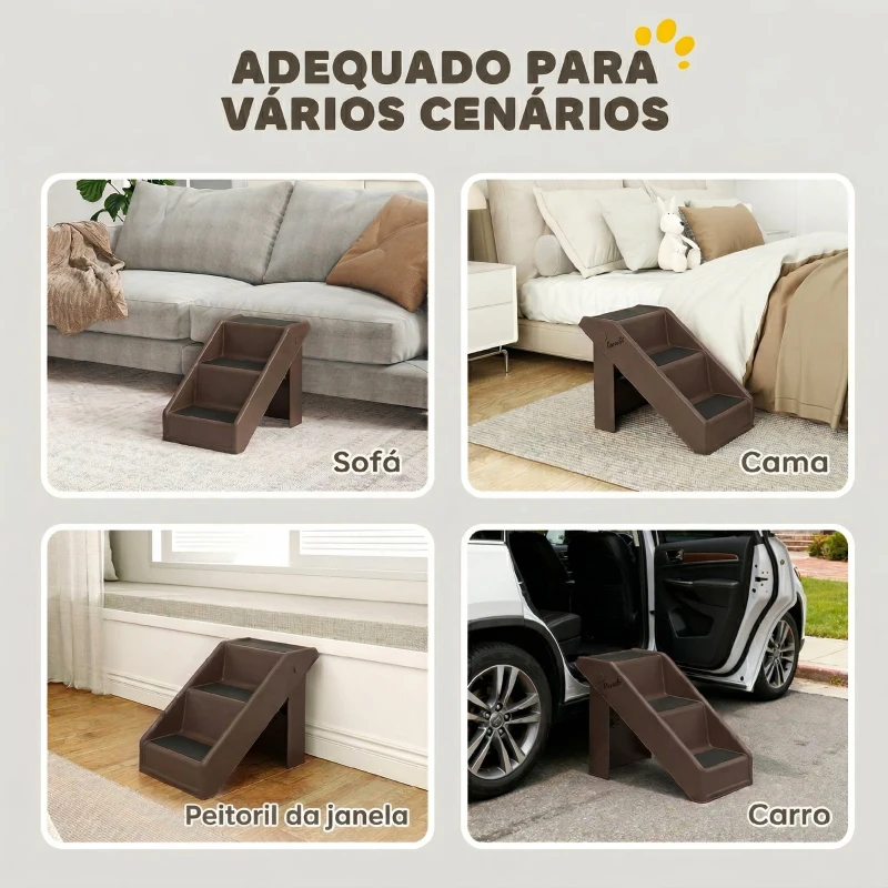 PawHut Escada Dobrável para Cães de 3 Degraus para Animais de Estimação Idosos para Cama Sofá 53x30,5x36,5 cm Castanho