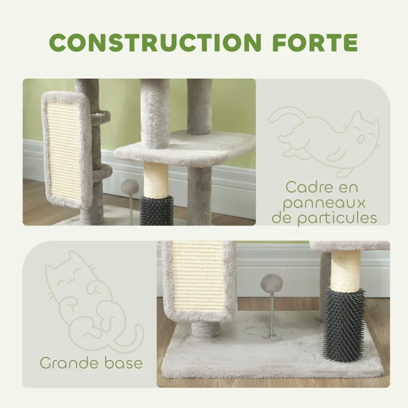 PawHut Arbre à chat, tour de jeux, hauteur de 104 cm, avec lit maison, brosse de toilettage,  44l x 34P x 104H cm, gris clair