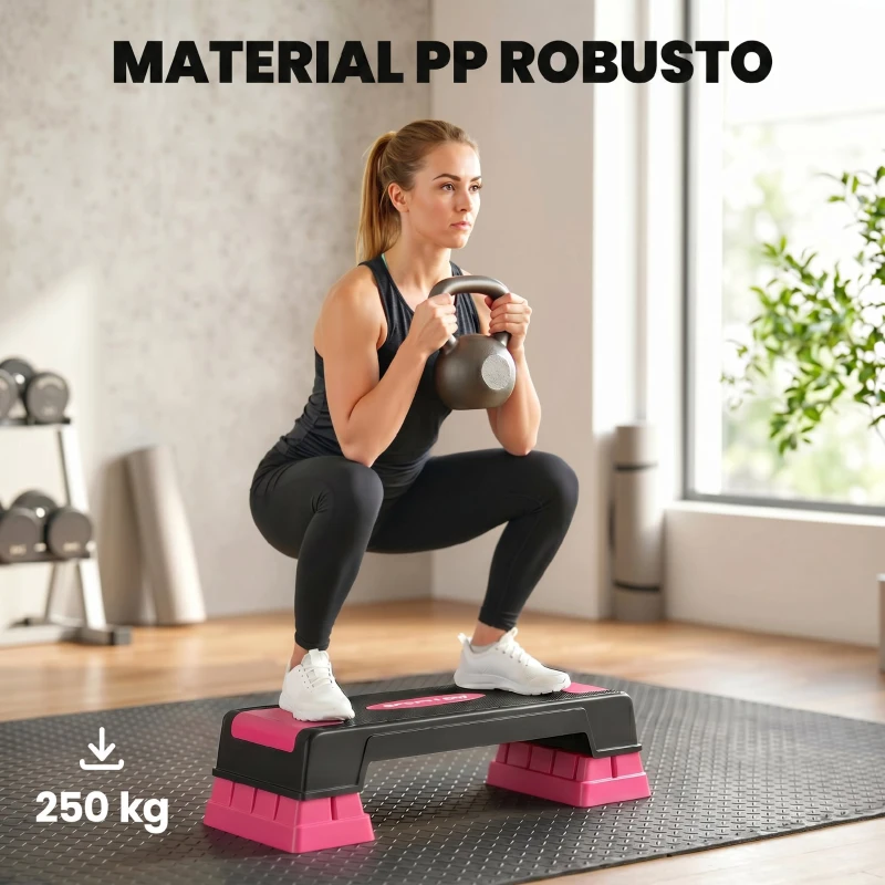 SPORTNOW Step Aeróbico Step para Fitness com Altura Ajustável 12/17,5/22,5 cm Suporta 250 kg para Casa ou Ginásio Rosa