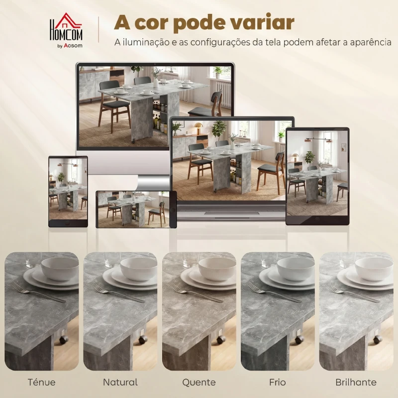 HOMCOM Mesa de Sala de Jantar Dobrável com 2 Prateleiras de Armazenamento e Rodas para Cozinha 75x140x74 cm Cinza