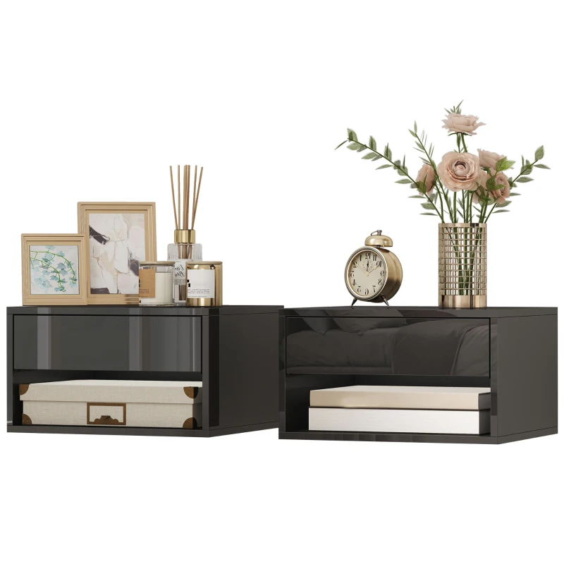 HOMCOM Conjunto de 2 Mesas de Cabeceira Suspensas com Gaveta Prateleira Aberta para Quarto 37x32x21 cm Preto Brilhante