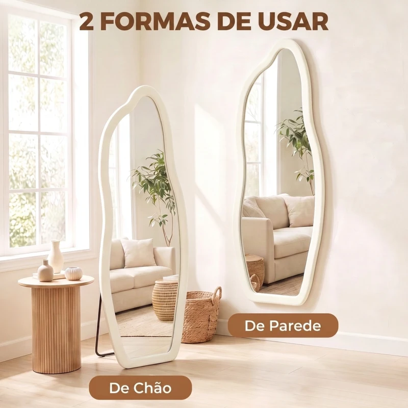 HOMCOM Espelho de Corpo Inteiro 160x60 cm, de Pé ou Parede, com Moldura Arqueada Aveludada, Creme