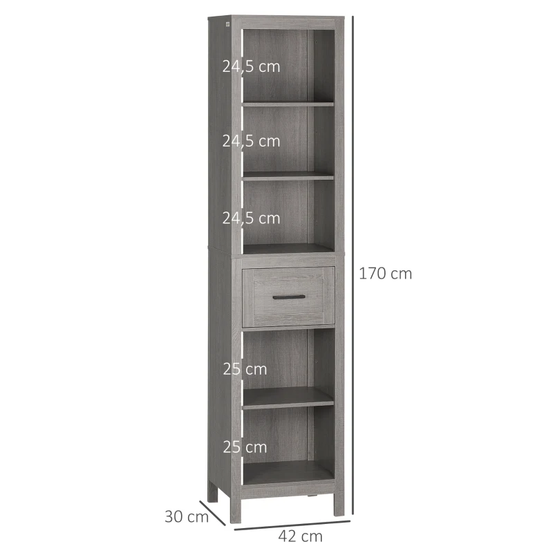 kleankin Coluna Casa de Banho com 1 Gaveta e Prateleiras Abertas Móvel Auxiliar de Armazenamento Anti-Tombo 42x30x170cm Cinza