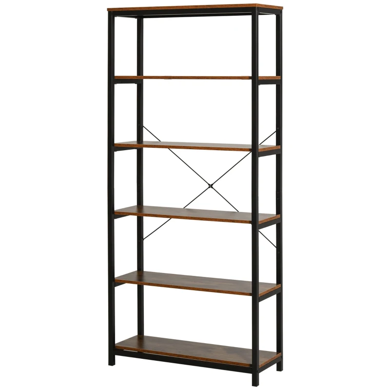 HOMCOM Bücherregal mit 5 Fächer, Standregal, Industriestil, Wohnzimmer, Schlafzimmer, Büro, E1 Spanplatte, Braun, 80 x 30 x 180 cm