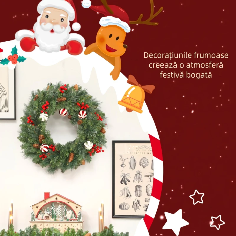 HOMCOM Ghirlandă de Crăciun de 60 cm cu 146 ramuri cu zăpadă artificială, conuri, fructe de pădure și globuri, verde