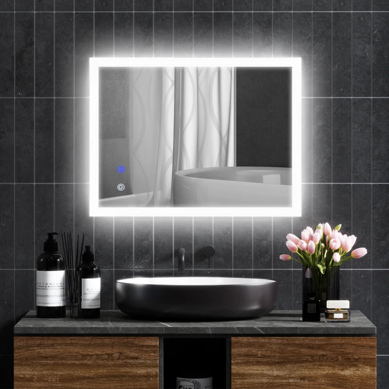 kleankin Oglinda de Baie Iluminata 800 x 600 mm cu Iluminare din Spate cu Lumini LED, Oglinda de Baie de Perete cu 3 Lumini, Intrerupator Tactil Reglabil, Folie de Dezaburire, Orizontala/Verticala