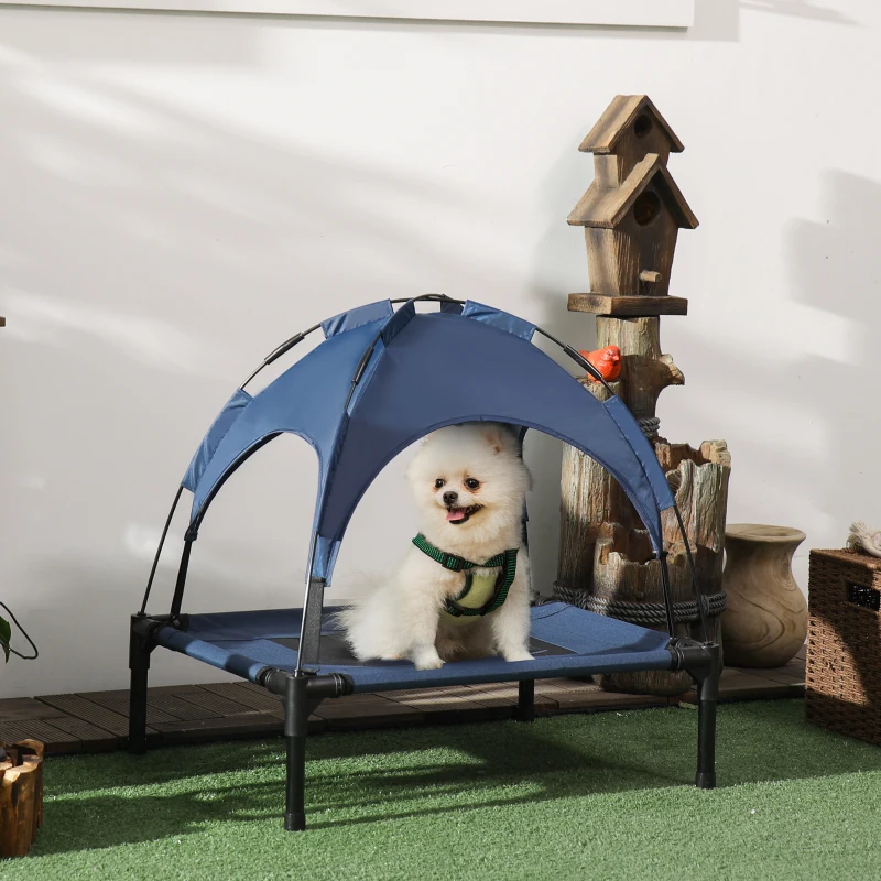 PawHut Haustierbett Outdoor-Hundebett, wetterbeständig, mit Baldachin, 61cm x 46 cm x 62 cm, Blau + Schwarz