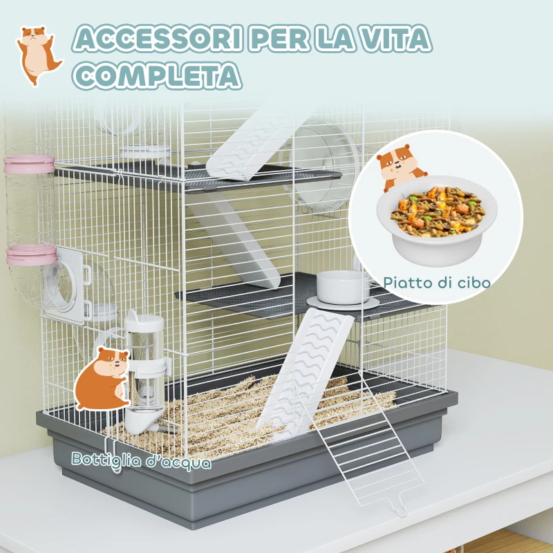 PawHut Gabbia per Criceti a 4 Livelli e 16 Tubi con Casetta, Rampa, e Accessori, in Metallo e Plastica, 47x30x70 cm, Grigio