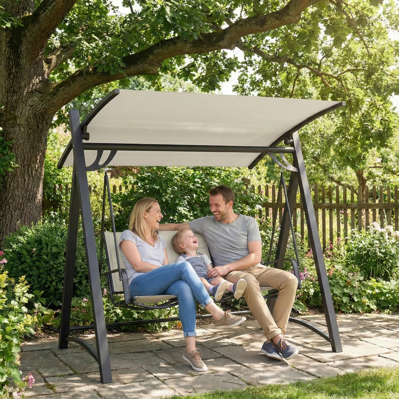Outsunny Baloiço de Jardim de 3 Lugares com Teto Ajustável UPF50+ Assento Transpirável e Estrutura em Metal 188x130x183 cm Creme