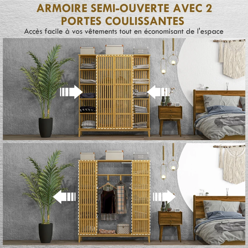 HOMCOM Armoire en bambou avec 2 portes coulissantes, étagères et tringle, grande armoire pour la chambre, 145 x 35 x 165cm(m-5)