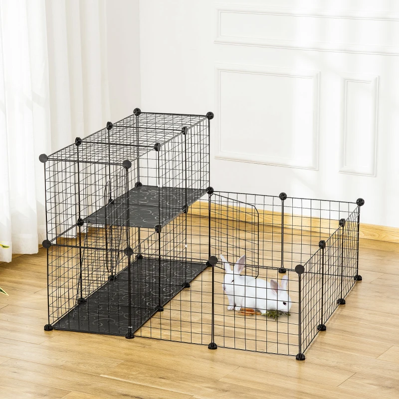 PawHut Recinto para Pequenos Animais DIY com 24 Painéis com Grade Metálica Recinto Modular para Coelhos Chinchilas 105x105x70cm