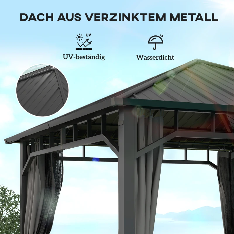 Outsunny Pavillon 3 x 3 m Wasserdicht Stabil Winterfest Gartenpavillon mit Seitenteile, Netze, Haken Hardtop Dunkelgrau