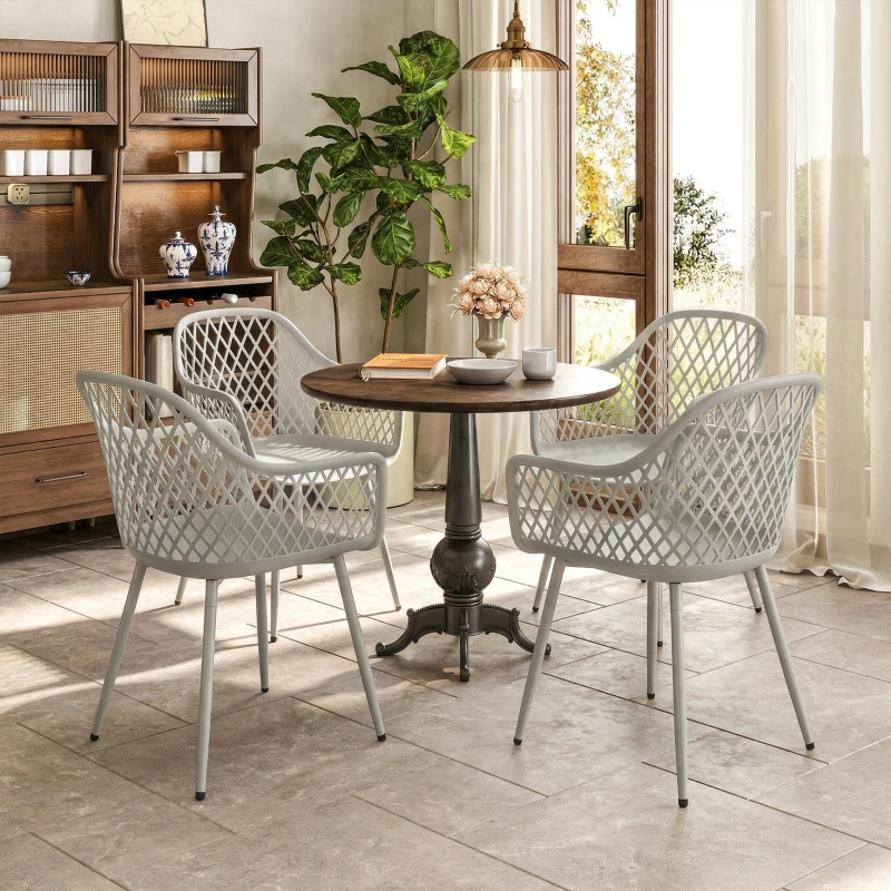 Outsunny Conjunto de 4 Cadeiras de Jardim Exterior em PP com Encosto Diamante  Apoios de Braços e Pés Metálicos 6x51x84 cm Cinzento