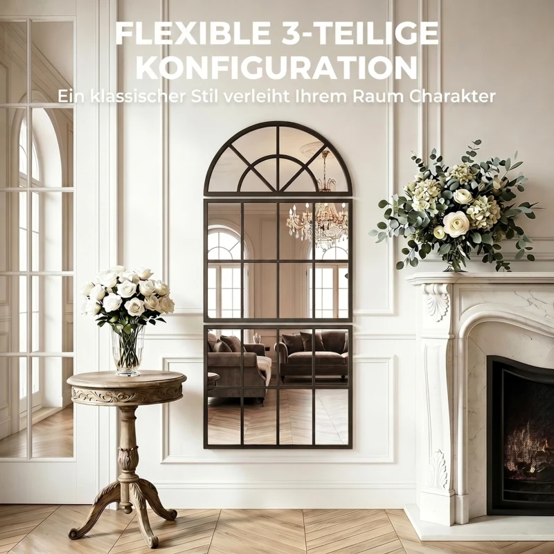 HOMCOM Bogen Wandspiegel 120 x 54 cm Fenster Hängespiegel 3 Teiliger Großer Spiegel für Schlafzimmer Wohnzimmer