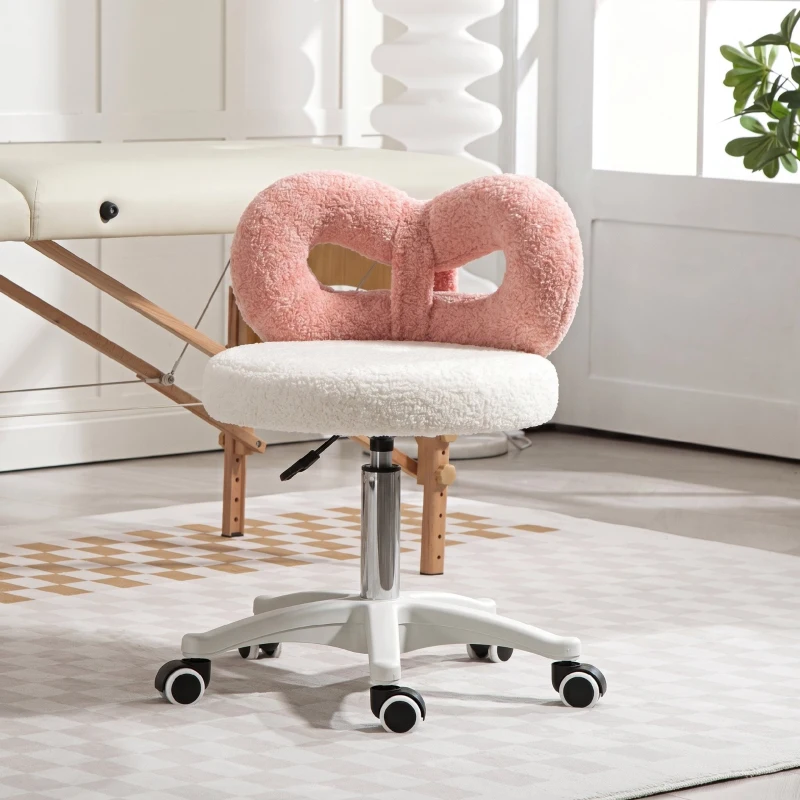HOMCOM Scaun rotativ cu înălțime reglabilă, cu spătar curbat, din material Teddy, 50x50x63-77 cm, alb și roz