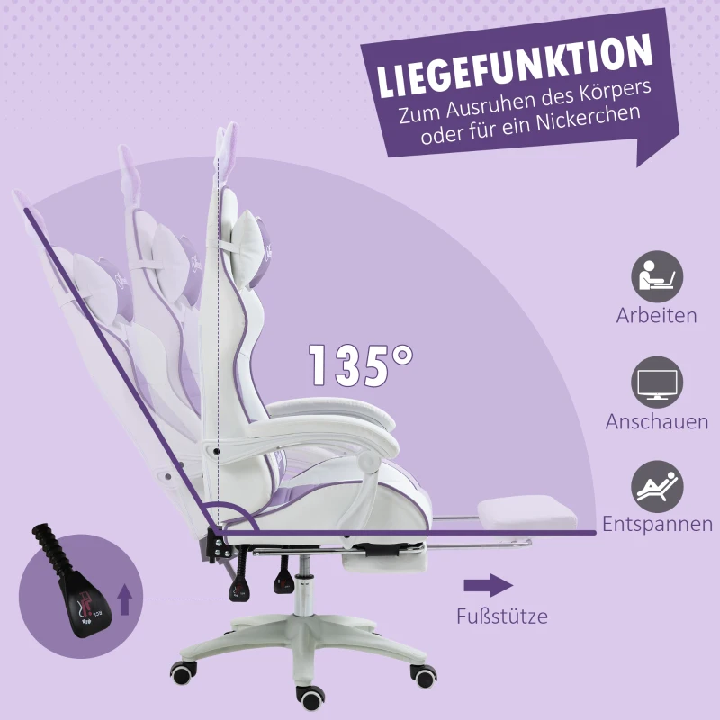 Vinsetto Gaming Stuhl Ergonomischer Gamer Stuhl mit Lendenwirbelstütze, Fußstütze Hasenohren Kopfkissen Violett