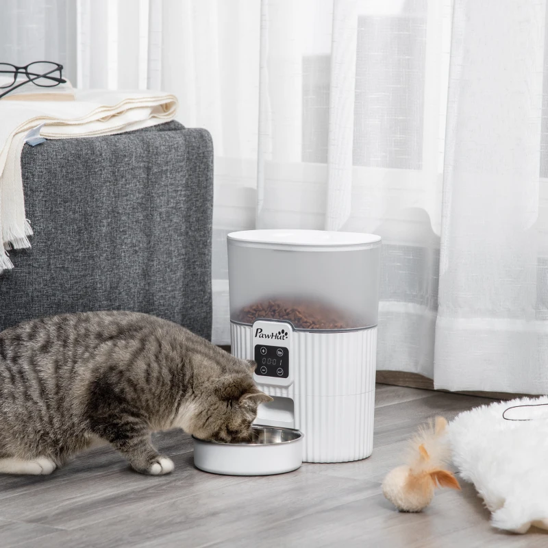 PawHut Comedouro Automático para Cães e Gatos 3,5L com Ecrã LED Temporizador Gravador de Voz Programável 4 Refeições ao Dia Tigela Removível e Lavável 20,5x25x28cm Branco