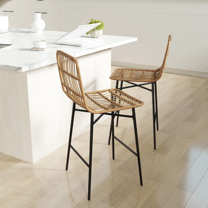 HOMCOM Conjunto de 2 Bancos Altos de Cozinha Bancos de Bar com Encosto e Assento em Vime Sintético 43x56x101 cm Marrom Claro