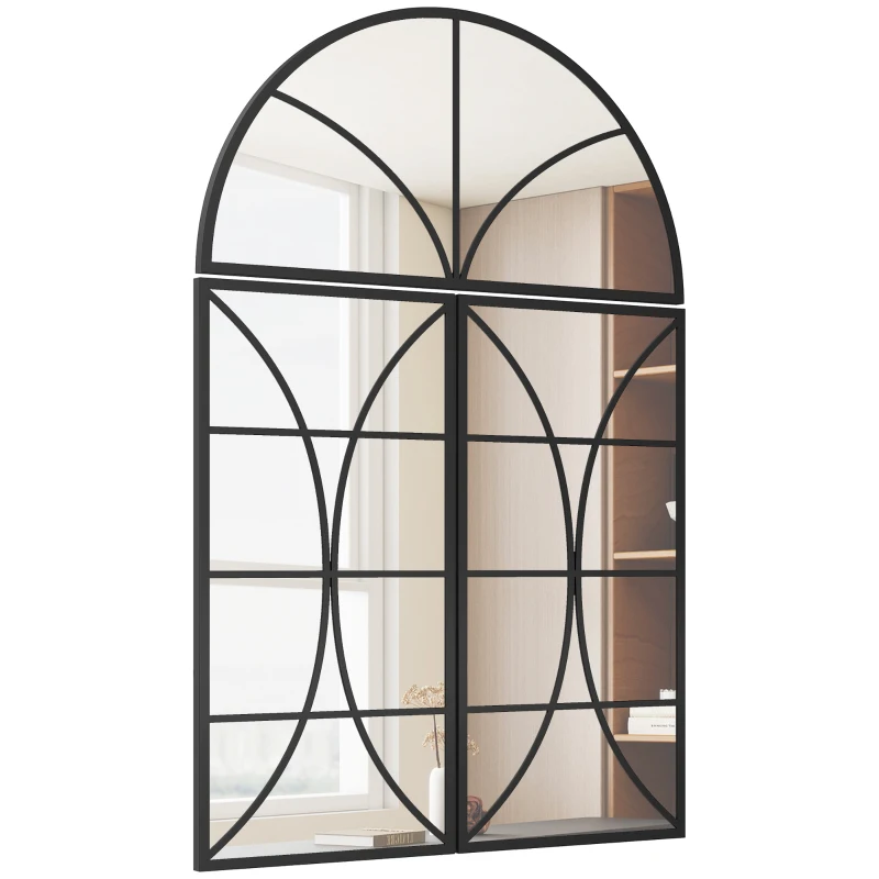 HOMCOM Miroir mural arqué 80 x 120 cm, lot de 3 pièces, miroir verrière en forme de fenêtre, verre trempé et métal, noir