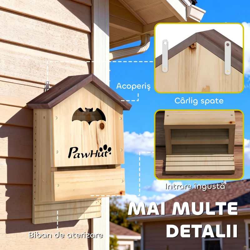 PawHut Set de 3 Căsuțe pentru Lilieci din Lemn de Brad, 21,5x11,5x34 cm, Lemn Natural