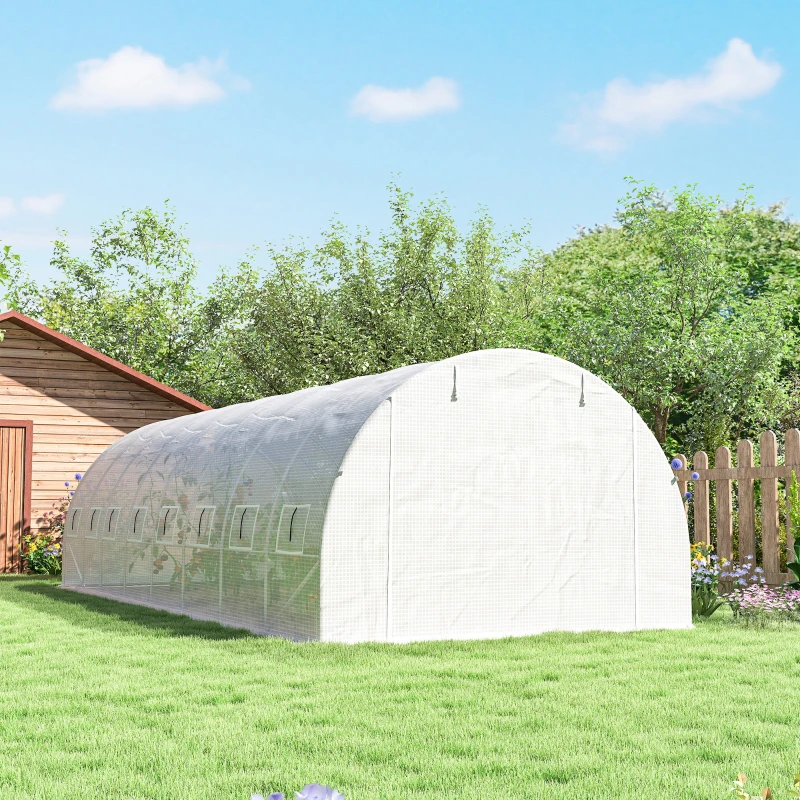 Outsunny Serre de jardin tunnel 24m² 8L x 3l x 2H m - 16 fenêtres, Porte zippée enroulable acier galvanisé, bâche PE, Blanc