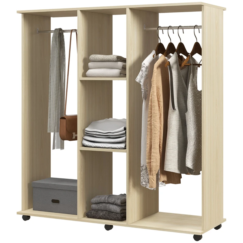 HOMCOM Roupeiro de Madeira Móvel Armário Roupeiro Aberto com 2 Barras para Pendurar e 3 Prateleiras 120x40x128 cm Madeira