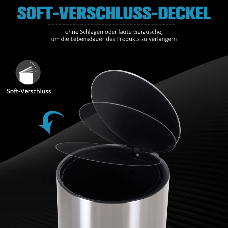 HOMCOM Abfalleimer Mülleimer Treteimer mit Inneneimer 12 L Soft Schließen Edelstahl PP Ø25,8 x H42 cm
