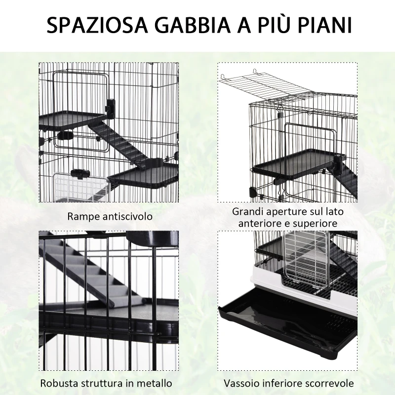 PawHut Gabbia a 3 Piani in Metallo con Vassoio per Roditori, Conigli e Furetti con 4 Ruote, 81.2x52.7x114cm, Nera