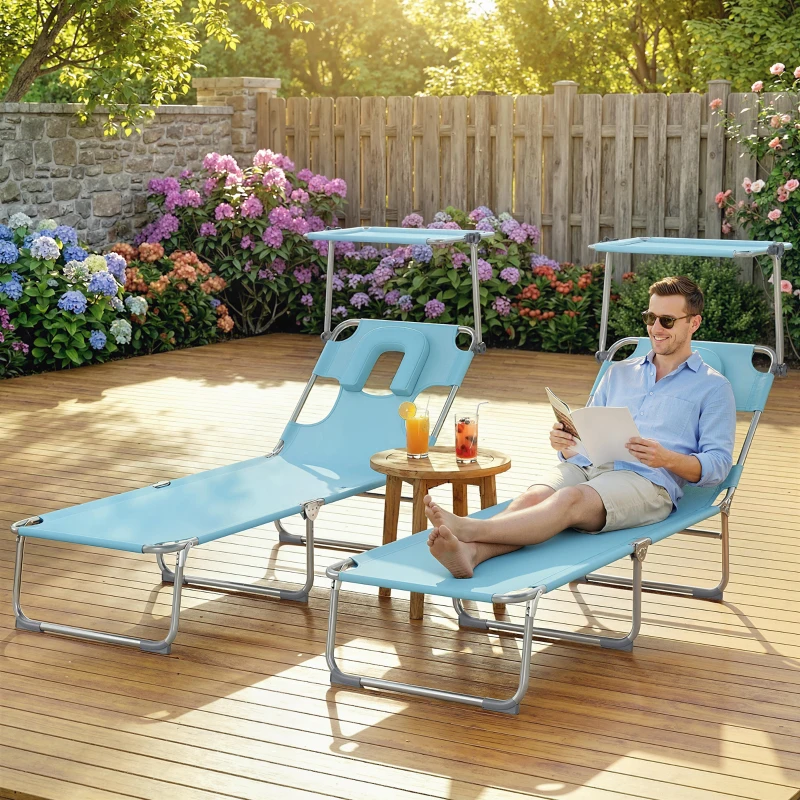 Outsunny Conjunto de 2 Espreguiçadeiras Dobráveis com Dossel 360° Encosto 5 Posições Orifício Facial 188x56x27 cm Azul Claro