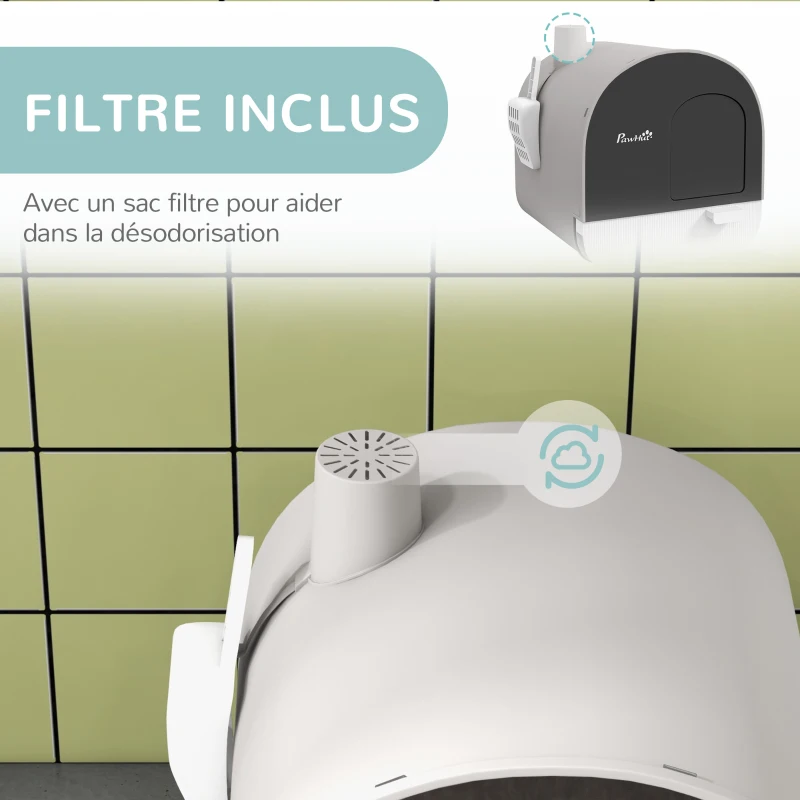 PawHut Bac à litière pour chat avec porte battante pelle et filtre inclus dim. 43L x 44l x 47H cm gris
