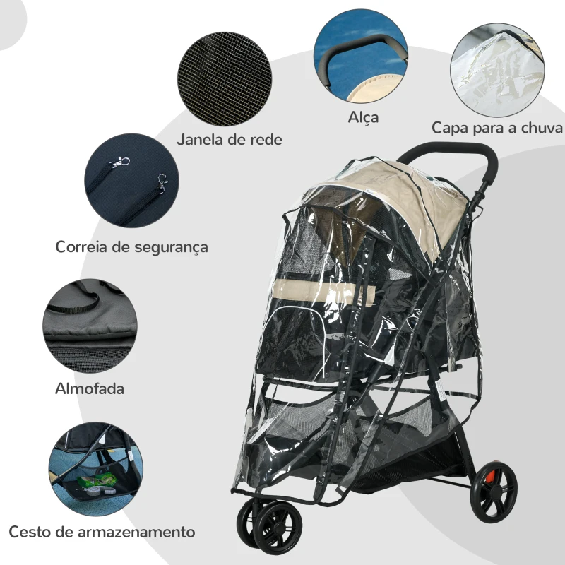 PawHut Carrinho para Cães Dobrável para Cães Pequenos com Cesta de Armazenamento Janela de Malha Capa para Chuva 80,5x51,5x100 cm Caqui