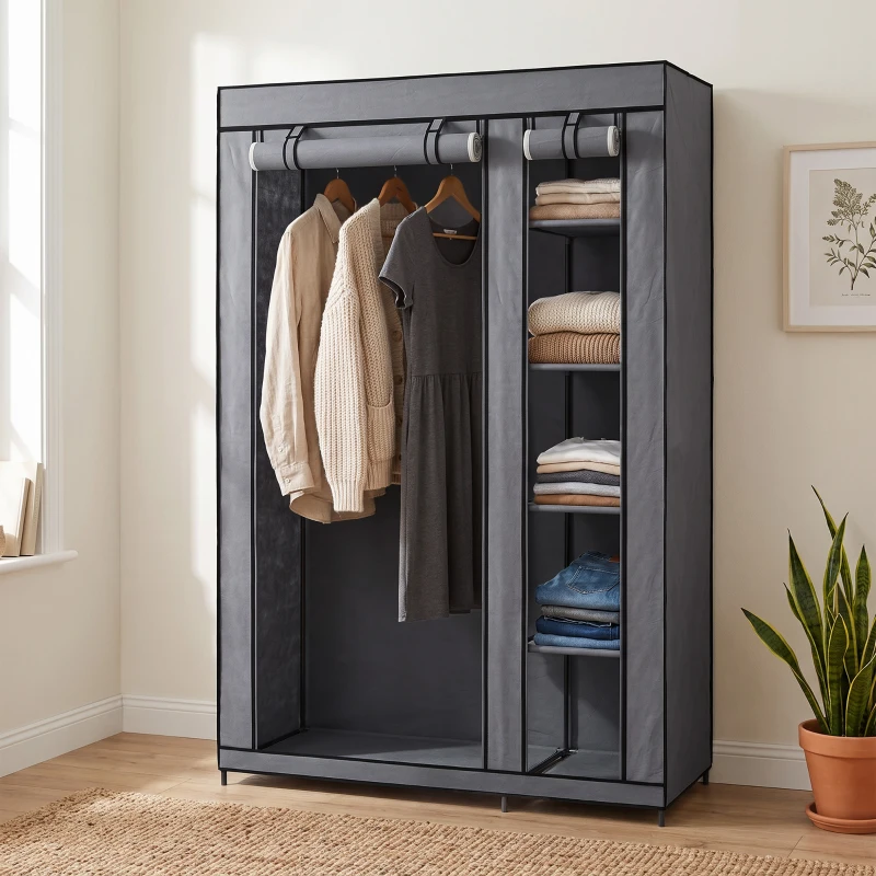 HOMCOM Guarda-roupa de Tecido Salva-Espaço com Barra para Cabides e 5 Prateleiras, 110x45x175 cm, para Quarto, Cinza