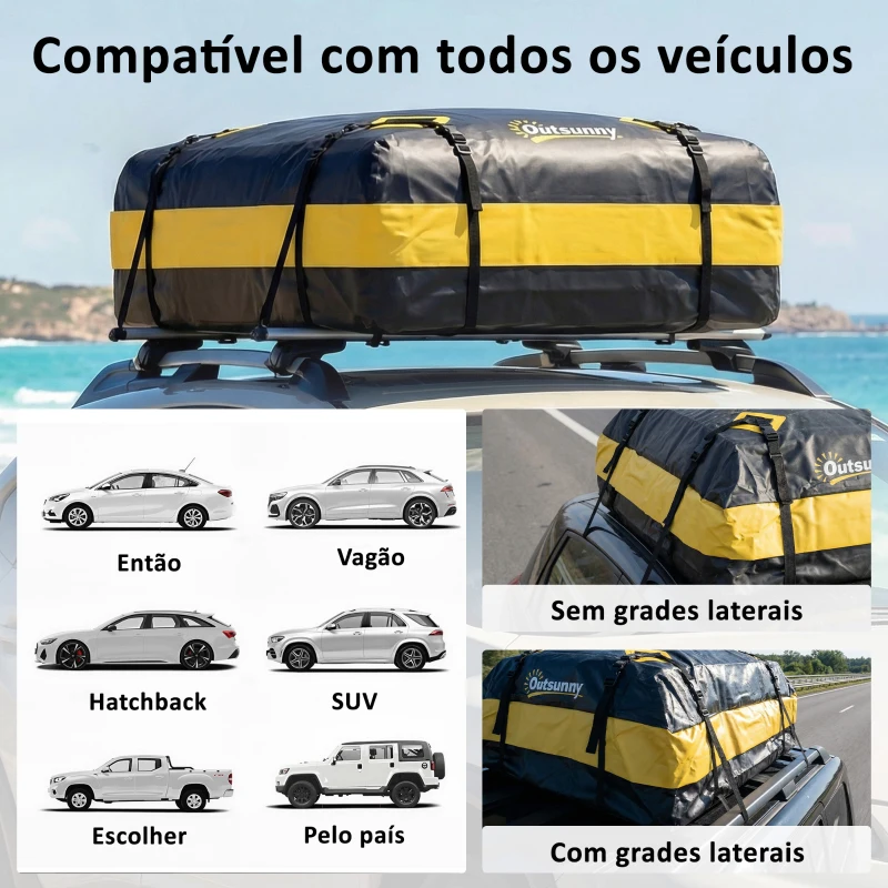 Outsunny Bolsa de Teto para Carro 425L Impermeável com 8 Correias, Tapete Antiderrapante e Ganchos para Veículos Preto e Amarelo