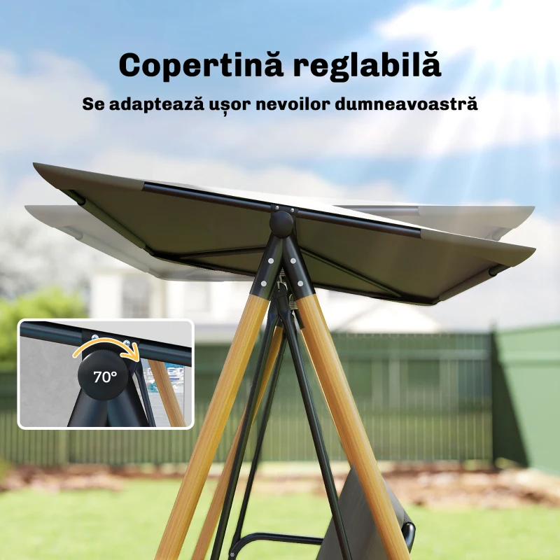 Outsunny Balansoar de Grădină cu 3 Locuri, cu Copertină Reglabilă Impermeabilă și Pernă Detașabilă, Capacitate Maximă 360 kg, 208 x 125 x 180 cm, Gri