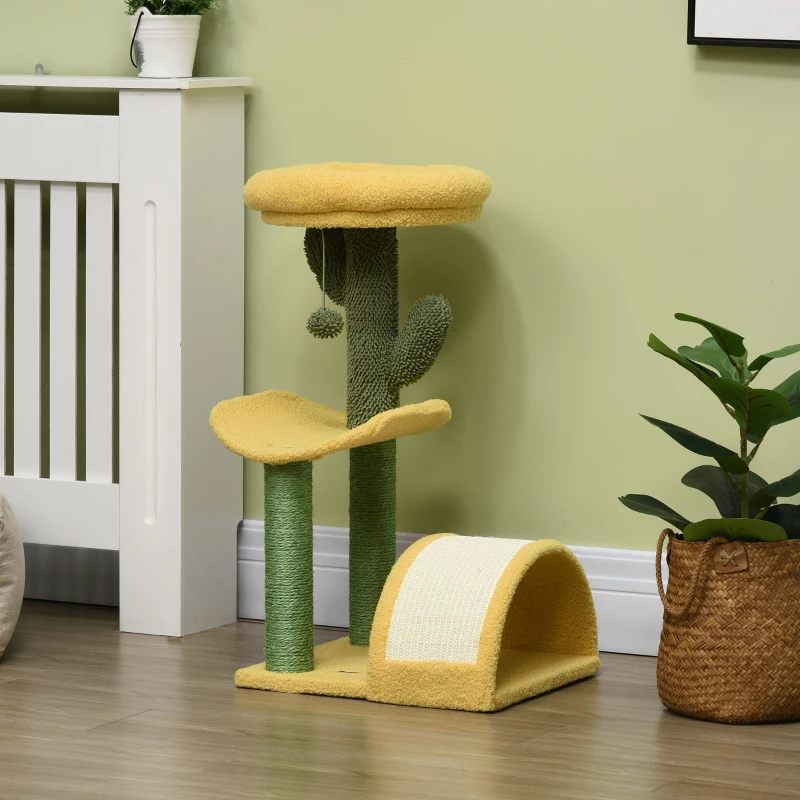 PawHut Árvore Arranhador para Gatos Centro de Atividades com Cama Poste de Sisal e Bolsa Suspensa 40x35x72cm Amarelo e Verde