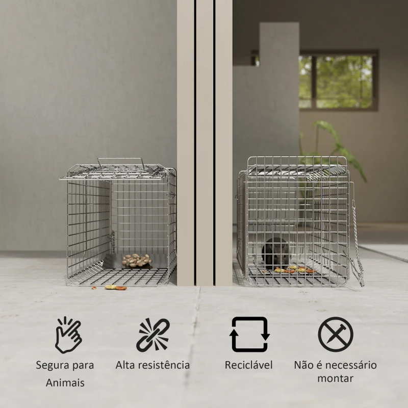 Outsunny Armadilha para Animais Vivos Dobrável 66x24x30,5 cm Gaiola de Captura com Porta e Alça para Coelhos Roedores Prata