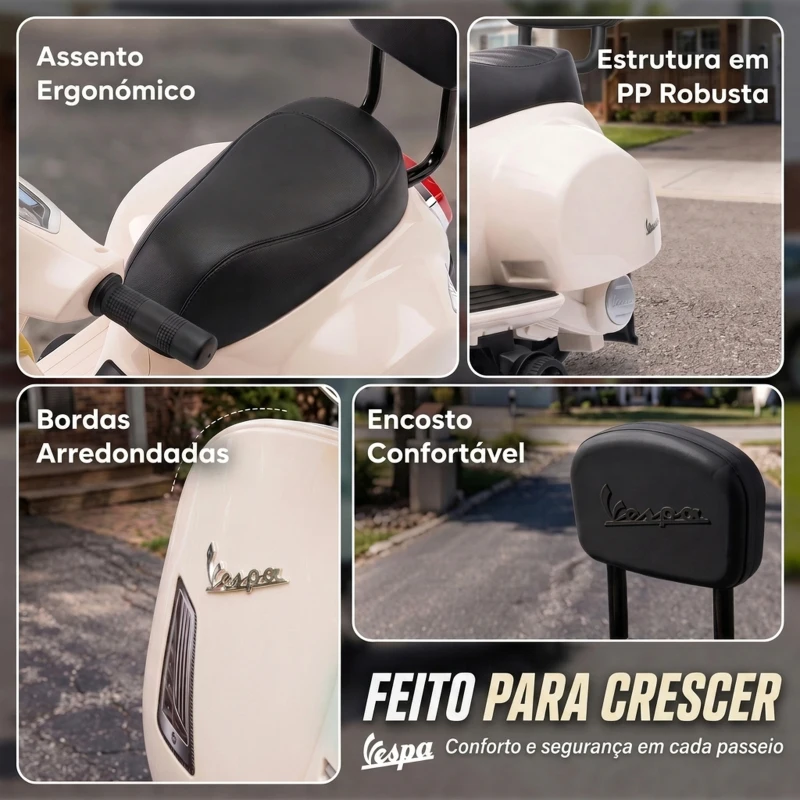 AIYAPLAY Mota Elétrica Infantil Mini Vespa GTS com 2 Rodas Auxiliares, Bateria de Lítio, Farol, Buzina e Encosto, Branco