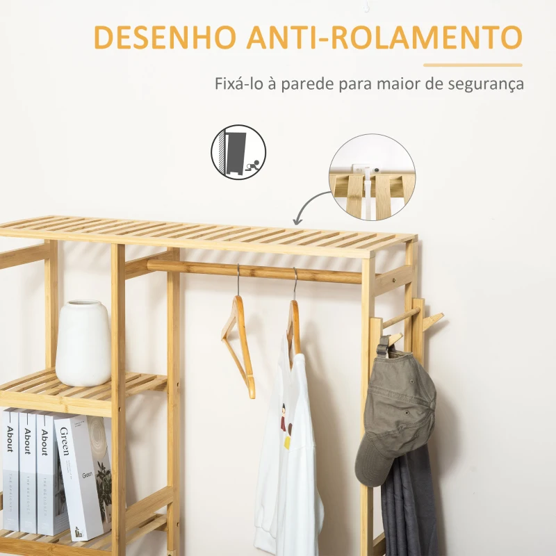 HOMCOM Suporte para Cabides de Bambu Cabideiro com Prateleiras de 4 Níveis com Barra Prateleira Inferior e Cabide Lateral 90x30x155cm Madeira