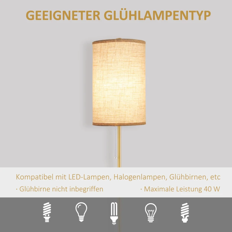 HOMCOM Stehlampe, Elegante Stehleuchte aus Stahl mit Stoffschirm, Wohnzimmerlampe, Zugkettenschalter, Gold+Weiß