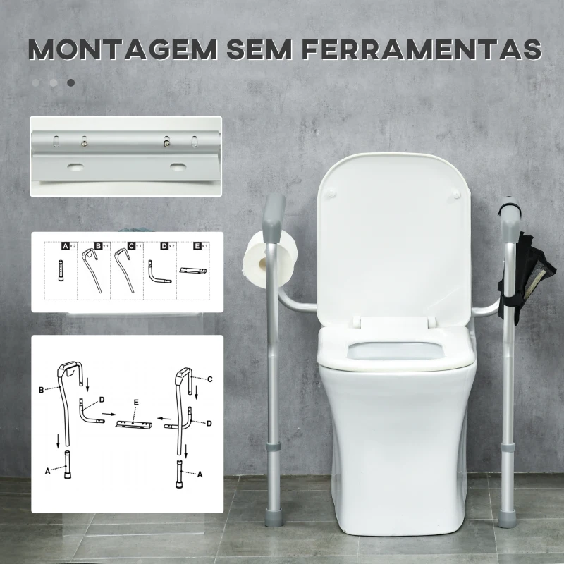 HOMCOM Barra de Segurança para Sanita de Alumínio Apoio de Segurança para Sanita Ajustável com Alça Antiderrapante e Bolso 55-62x47x64-74 cm Prata