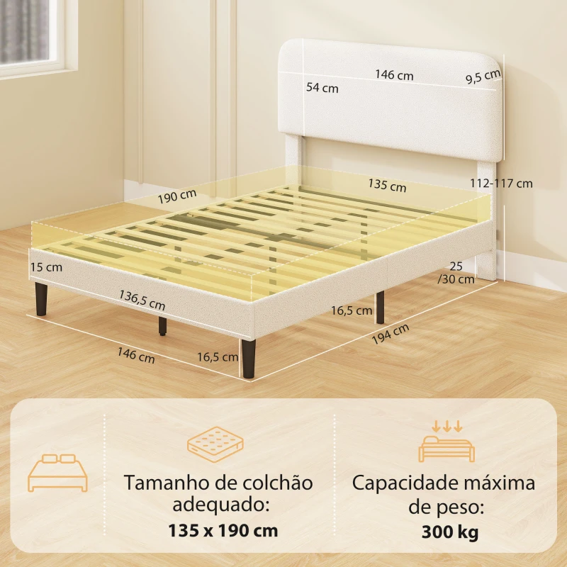 HOMCOM Estrutura de Cama Dupla com Cabeceira Ajustável em Altura Estofada em Tecido Macio com Ripas de Madeira Branco