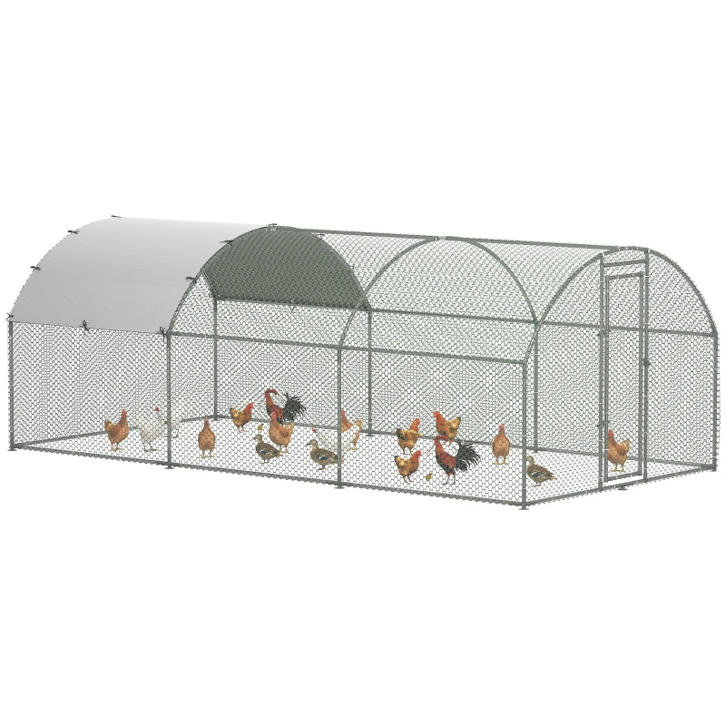 PawHut Grand enclos poulailler 15,96 ㎡ parc grillagé toit anti-UV porte verouillable 2,8 x 5,7 x 1,97 m argenté