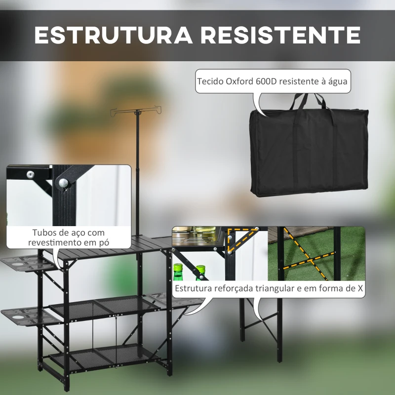 Outsunny Mesa de Campismo de 3 Níveis Dobrável com Prateleiras de Armazenamento Suporte para Candeeiro e Bolsa de Transporte 173x52x80-174 cm Preto