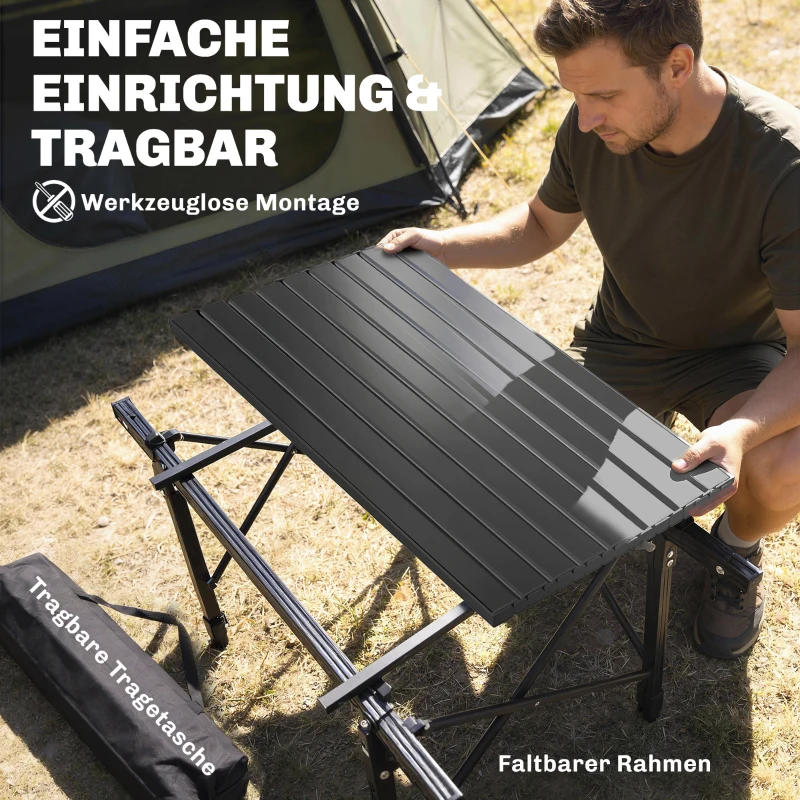 Outsunny Campingtisch mit Aufbewahrungskorb, höhenverstellbar, faltbar, Aluminium, Schwarz