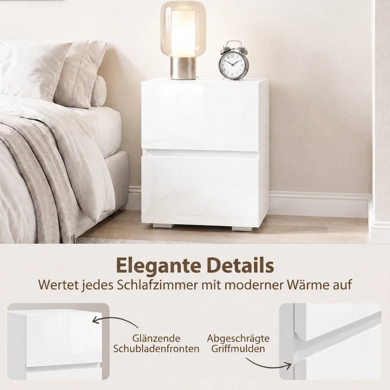 HOMCOM Modernes 2er-Set Nachttische, schmale Beistelltische mit 2 Schubladen und Hochglanz-Fronten, weiß