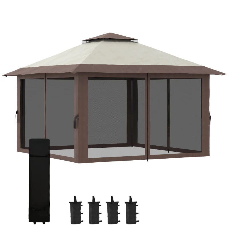 Outsunny Tenda Dobrável Pop-UP 3,92x3,92x2,83 m com Altura Ajustável Proteção UV50+ Rede Mosquiteira e Bolsa de Transporte Bege e Marrom