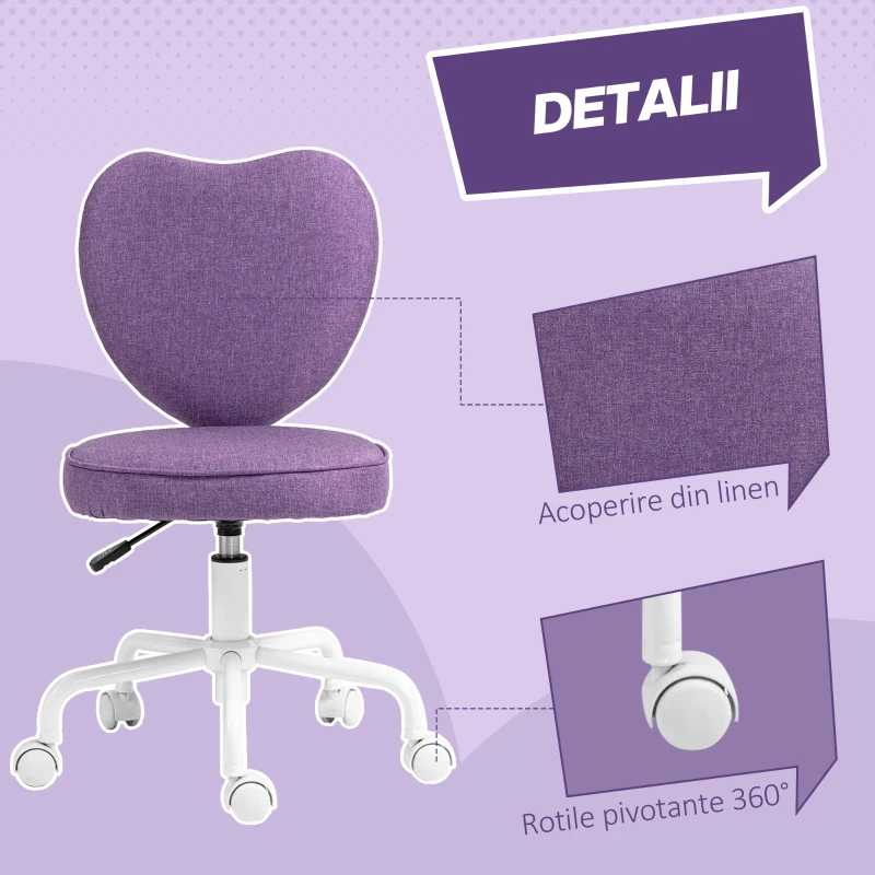 HOMCOM Scaun de Birou cu Spătar în Formă de Inimă, 5 Roți și Înălțime Reglabilă, din Material Textil, 40x50x79-89 cm, Mov(m-6)